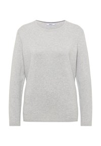 Maglione grigio chiaro con maniche lunghe, scollo tondo e un motivo a maglia testurizzato. Realizzato in materiale morbido, presenta un branding minimale sul colletto.