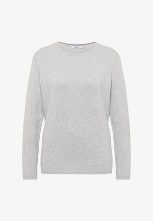 Pull gris clair à manches longues, à col rond, avec un motif de tricot texturé. Fabriqué en matériau doux, il présente un branding minimal sur le col.