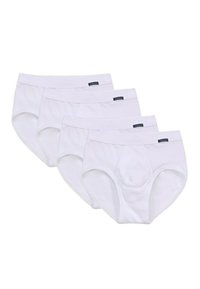 Un sous-vêtement en coton blanc, avec une texture côtelée, une ceinture élastique, et quatre paires disposées en rang. Sans motifs ni embellissements.