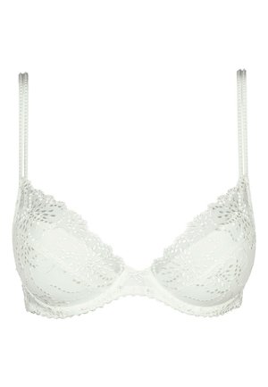 White lace bra with underwire, lightly padded cups, and adjustable straps. Features floral patterns along the edges and a small decorative center.