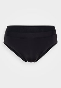 Melnas augstākās jostas biksītes ar divkāršu elastīgu jostu, kurā ir smalks Calvin Klein logotips. Gluda tekstūra un mūsdienīgs dizains.