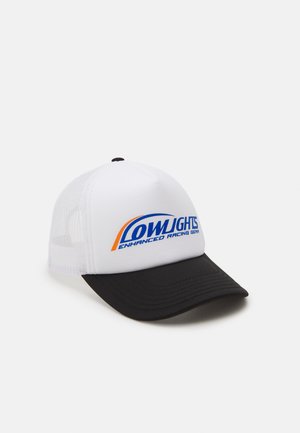 White baseball cap with a plastic mesh back, black brim, and blue-orange logo reading "LOWJIGHTS ENHANCED RACING GEAR" on the front.