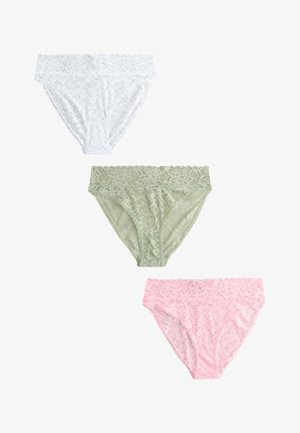 Trois sous-vêtements en dentelle pour femmes en blanc, vert clair et rose, présentés sur un fond blanc.