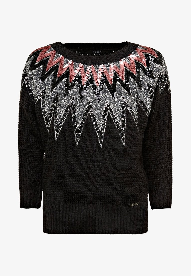Pull en maille noire avec motif zigzag en paillettes argentées, roses et noires sur la poitrine et les épaules, manches longues et poignets côtelés.