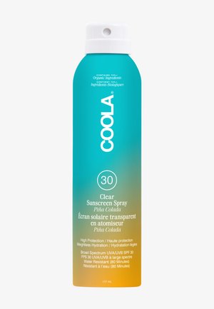 Spray przeciwsłoneczny COOLA Clear SPF 30, zapach Piña Colada, 70% organiczny, szerokie spektrum UVA/UVB, wodoodporny przez 80 minut, butelka ze sprayem 177 mL.