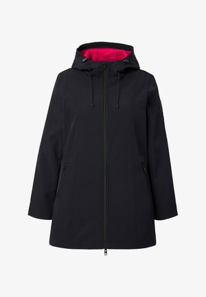 Black waterproof jacket with a pink inner lining, adjustable hood, zip front, and side pockets. Smooth texture, knee-length design.
