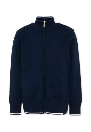 Maglione blu navy con zip intera, collo, polsini e orlo a coste, con dettagli a strisce bianche su polsini e orlo.