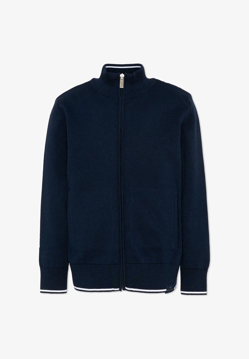 Maglione blu navy con zip intera, collo, polsini e orlo a coste, con dettagli a strisce bianche su polsini e orlo.