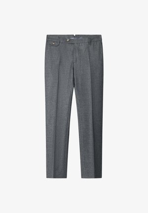 Sive prilagođene hlače od teksturiranog materijala, s ravnim prednjim dijelom, dvije prednje džepove i dva dugmeta na pojasu.