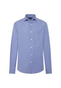 Camisa de manga larga a rayas en azul y blanco, con cierre de botones en la parte delantera, cuello clásico y puños estándar. Fabricada con un tejido ligero.
