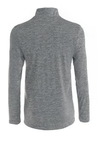 Harmaa pitkähihainen paita pystokauluksella, jossa on meleerattu kuvio ja istuva leikkaus virtaviivaista ilmettä varten.