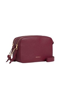 Borsa a tracolla in pelle bordeaux con una texture liscia, due scomparti con zip, dettagli in metallo dorato e una tracolla removibile.