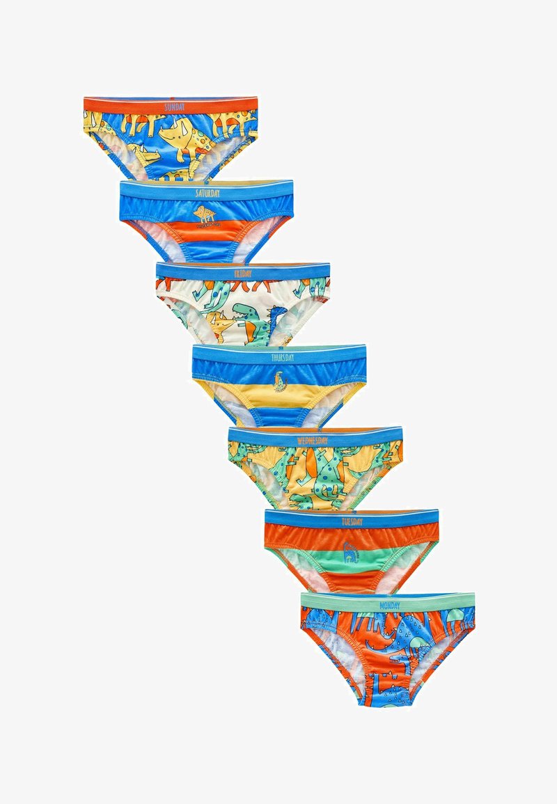 Zestaw siedmiu dziecięcych bawełnianych majtek, z unikalnymi nadrukami zwierząt, jaskrawymi kolorami oraz etykietami dni tygodnia: od niedzieli do soboty na gumkach w talii.