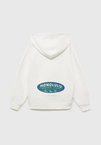 Felpa bianca con grafica sul retro che presenta la scritta "HONOLULU NEWPORT STORE" in blu e verde con motivi ondulati e testo. Materiale in cotone morbido.