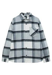 Gray and white plaid flannel shirt with a collar, button closure, and a chest pocket. Soft texture with prominent color contrast in the pattern.