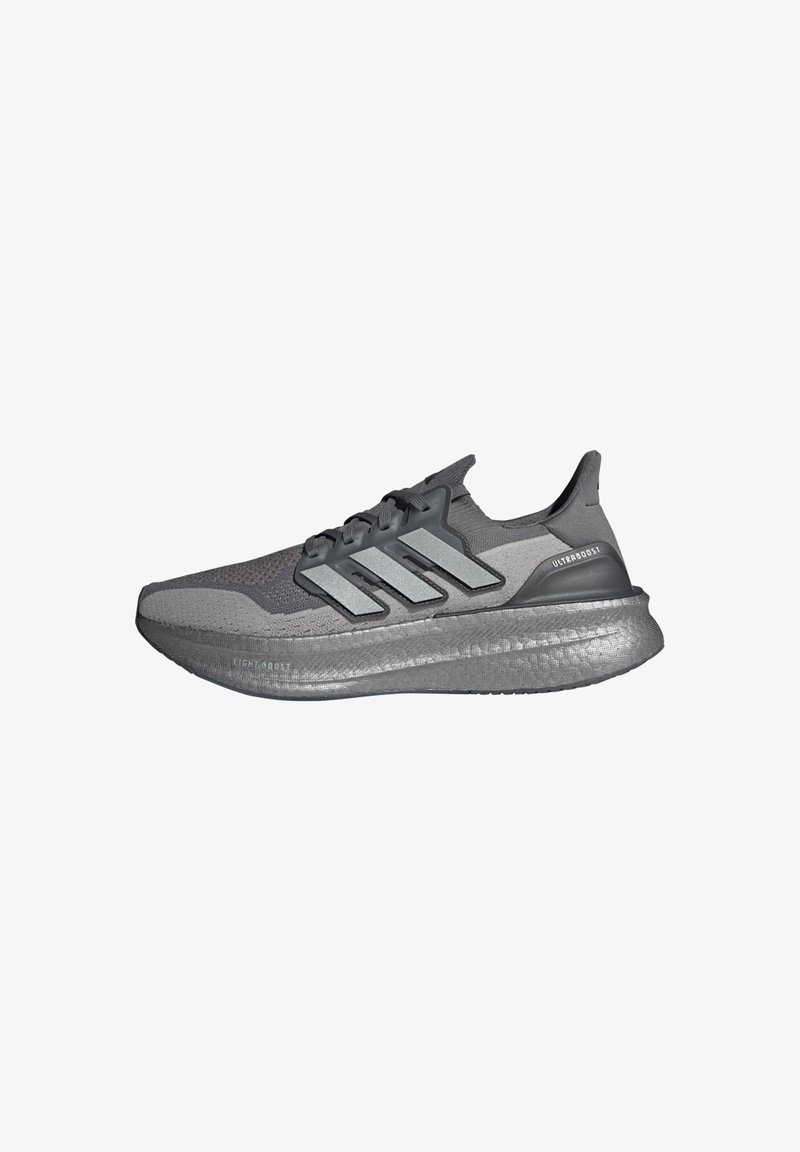 Gray athletic shoe with a textured knit upper, three metallic stripes, and a lightweight BOOST sole for cushioning.