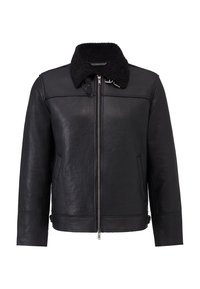 Black leather jacket with a textured finish, featuring a faux fur collar, zip closure, and side pockets. Simple and modern design.