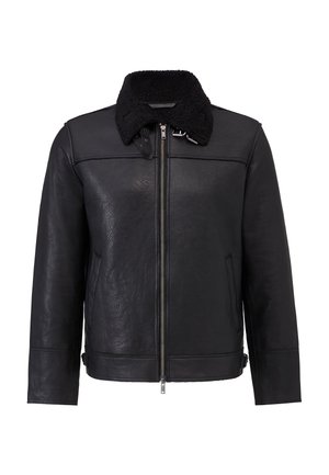 Black leather jacket with a textured finish, featuring a faux fur collar, zip closure, and side pockets. Simple and modern design.
