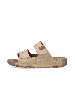 Sandalia de cuero beige con dos correas ajustables, costuras decorativas y suela texturizada para mayor agarre. Diseño de punta abierta con un ajuste amplio.