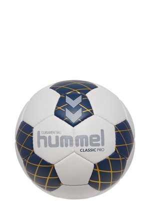 Hvid og marineblå fodbold med gyldent gittermønster og blå accenter; har 'hummel' logo og tekstureret overflade for greb.