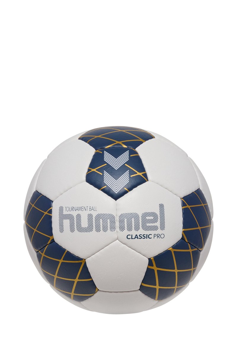Weißer und marineblauer Fußball mit goldenem Gittermuster und blauen Akzenten; verfügt über das 'hummel'-Logo und eine strukturierte Oberfläche für besseren Grip.
