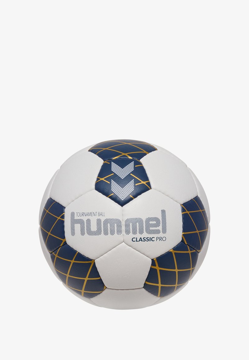 Weißer und marineblauer Fußball mit goldenem Gittermuster und blauen Akzenten; verfügt über das 'hummel'-Logo und eine strukturierte Oberfläche für besseren Grip.
