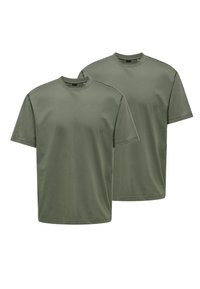 Two short-sleeve t-shirts in olive green, made from soft cotton, featuring a classic crew neckline and a relaxed fit with no embellishments.