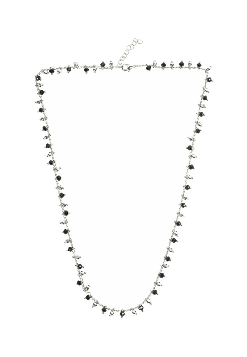 Collana in argento con perline nere distribuite uniformemente lungo la lunghezza, dotata di chiusura e catena di estensione per una vestibilità regolabile.