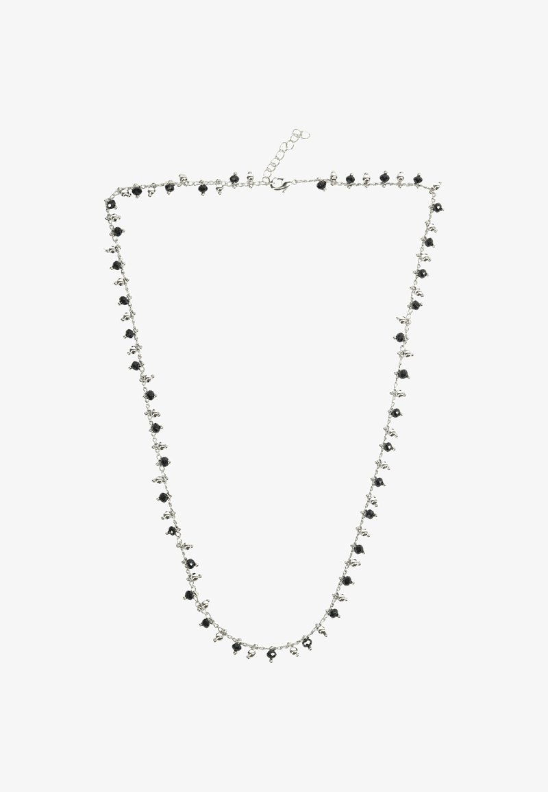 Collana in argento con perline nere distribuite uniformemente lungo la lunghezza, dotata di chiusura e catena di estensione per una vestibilità regolabile.