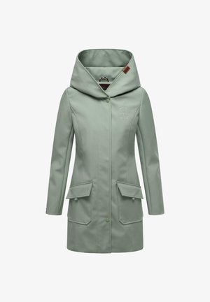 Hellgrüne wasserdichte Jacke mit großer Kapuze, zwei Fronttaschen und Knopfverschluss. Mit subtiler Logo-Stickerei auf der Brust.