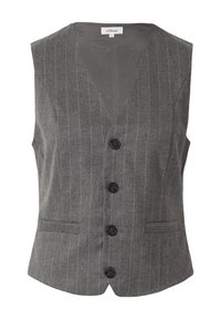 Grijze, mouwloze vest met verticale streepjes, diepe V-hals, vijf zwarte knopen en twee frontzakken. Glad van structuur.