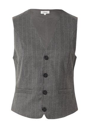 Grijze, mouwloze vest met verticale streepjes, diepe V-hals, vijf zwarte knopen en twee frontzakken. Glad van structuur.