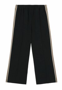 Pantalon noir à jambes larges avec taille élastique, présentant des rayures verticales blanches et marron sur les côtés. Comprend des poches latérales.