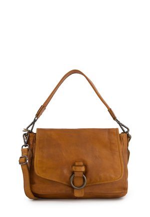 Brown leather handbag featuring a fold-over flap, adjustable strap, and metal ring detail on the front for secure closure.