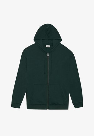 Dark green zip-up hoodie made of soft fabric with a front pocket, drawstrings, and a lined hood. Features ribbed cuffs and hem.