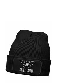 Black knit beanie with a ribbed texture. Features a black patch containing a white butterfly design and text that reads "ALTER FALTER."