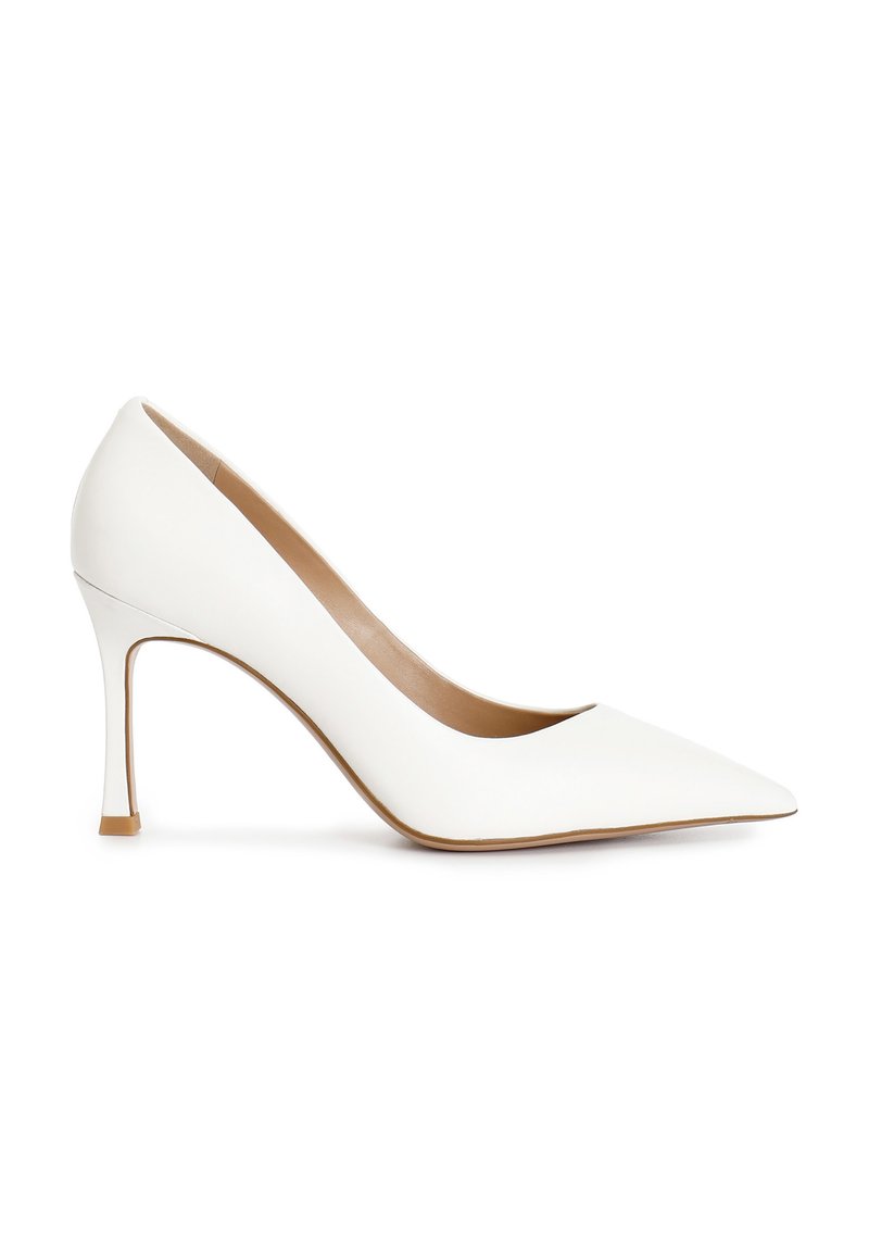 White leather stiletto heel shoe with a pointed toe; smooth texture, minimalistic design, and a slim heel with a beige accent at the base.