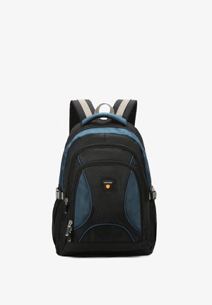 Sac à dos noir et bleu avec des bretelles rembourrées, plusieurs compartiments zippés et des poches latérales en mesh, debout sur fond blanc.