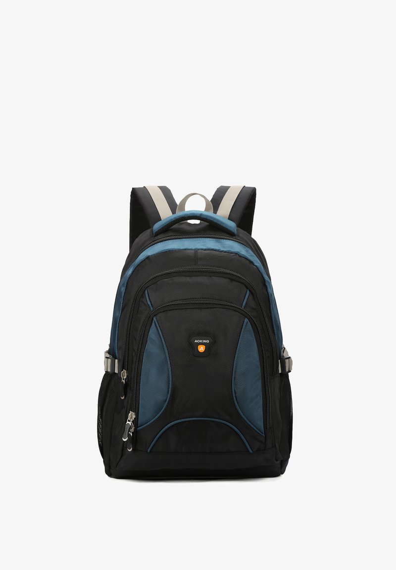 Sac à dos noir et bleu avec des bretelles rembourrées, plusieurs compartiments zippés et des poches latérales en mesh, debout sur fond blanc.