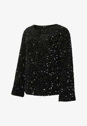 Haut à manches longues noir brodé de sequins, doté d'un col rond et d'une surface texturée recouverte de sequins brillants et réfléchissants sur l'ensemble du vêtement.