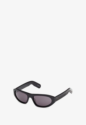 Black rectangular sunglasses with dark tinted lenses and curved arms, positioned at an angle on a white background.