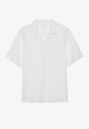 Short-sleeve, white shirt with vertical stripes, made of lightweight fabric. Features a collar and a single chest pocket. Button-down design.