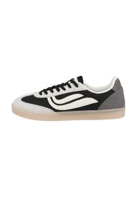 Black and white sneaker made of canvas and suede, featuring a smooth textured surface, a rounded toe, and a grey rear accent.