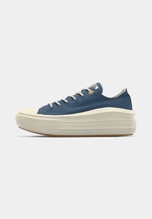 Blue canvas sneaker with a textured white rubber sole, rounded toe, and flat laces. Features a small brand logo on the tongue.