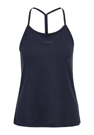 Granatowy, sportowy tank top wykonany z lekkiego materiału, z klasycznym dekoltem w stylu racerback, cienkimi ramiączkami oraz dyskretnym logo z przodu.