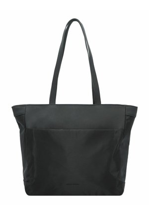 Borsa tote nera in materiale sintetico liscio, con due manici lunghi, apertura superiore e una tasca frontale. Presenta un design minimalista senza dettagli in metallo.