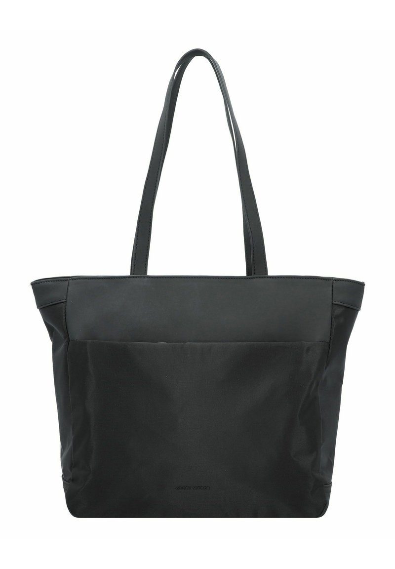 Sac fourre-tout noir en matériau synthétique lisse, avec deux longues poignées, ouverture supérieure et une poche avant. Présente un design minimaliste et sans accents en métal.