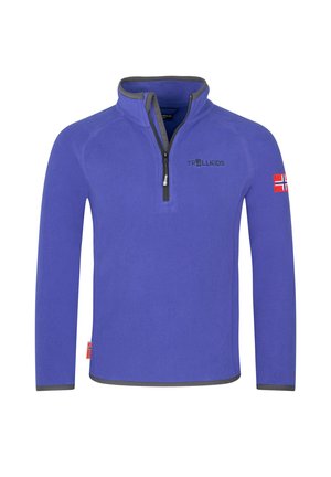 Purple fleece pullover with half zipper, gray trim, "Trollkids" logo on chest, and Norwegian flag patch on left sleeve and side seam.