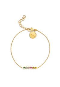 Pulsera de oro con un diseño de cadena trenzada, que presenta un acento de gema colorida con seis piedras de diversos tonos, asegurada con un cierre de langosta.