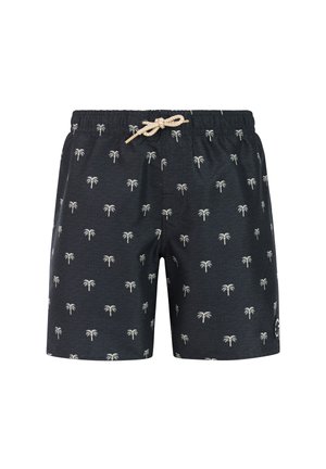 Zwarte zwembroek met wit palmboom patroon en beige trekkoord aan de elastische tailleband.